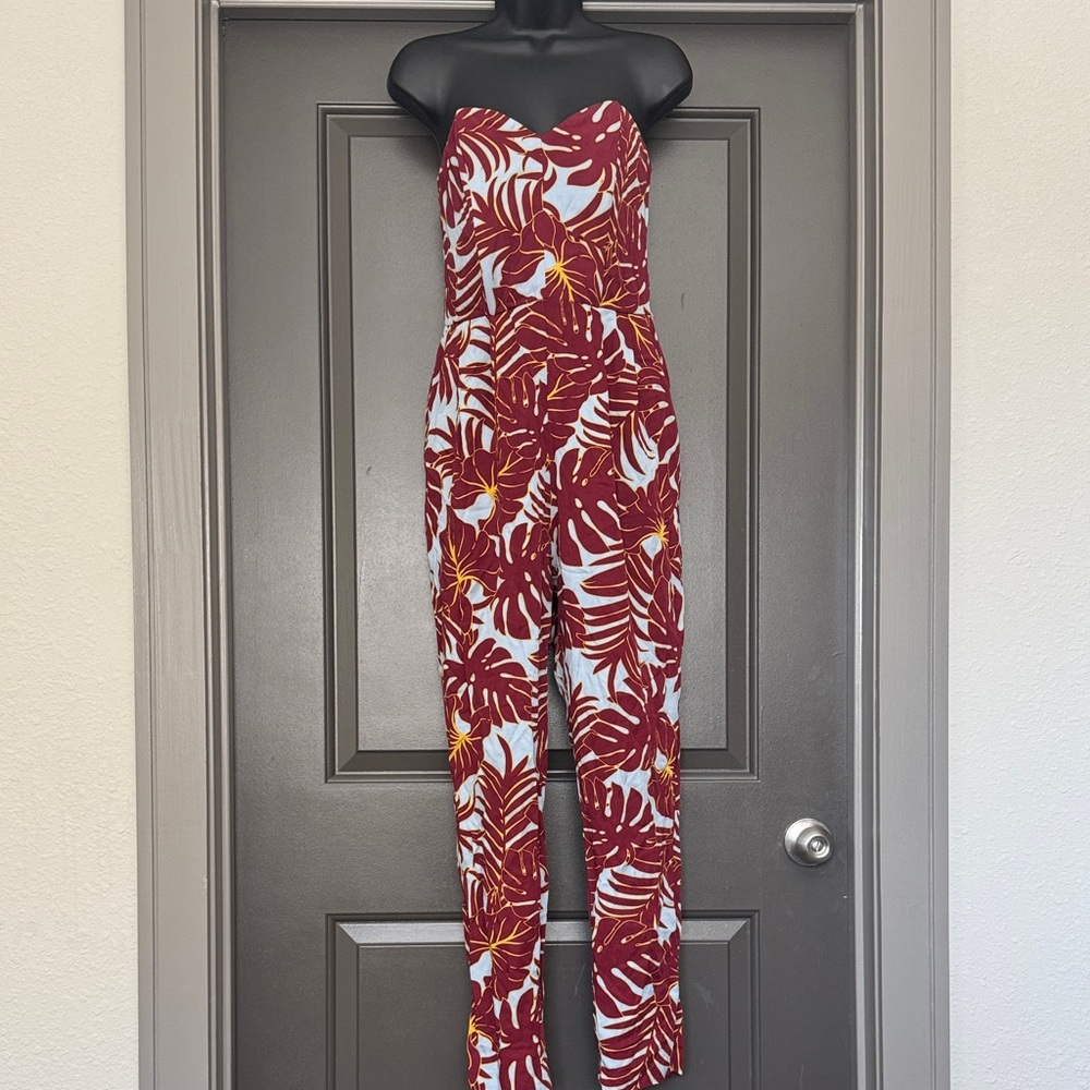 H&M Burgundy Leaf Print Jumpsuit